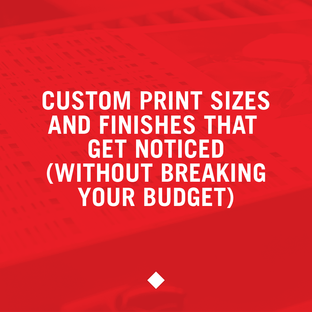 Square social graphic for Davis Direct blog post on custom print sizes and finishes